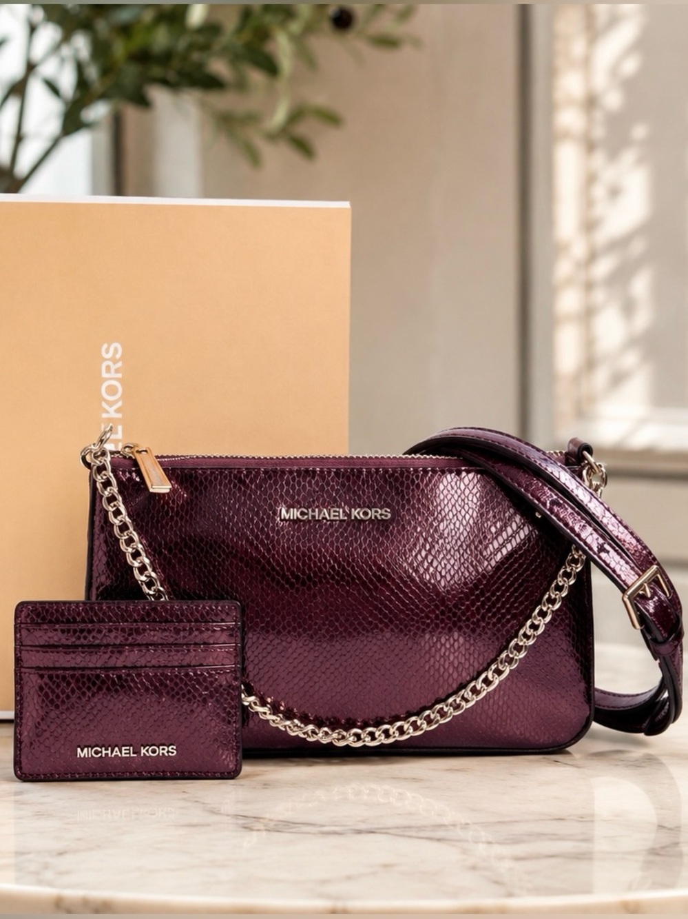Michael Kors GIFT BOX ST $548 Metallic Clutch & Card Holder Oxblood Rouge Sombre